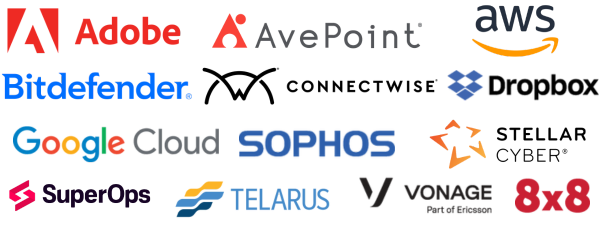 Adobe, AvePoint, AWS, Bitdefender, Connectwise, DropBox, Google Cloud, Sophos, Stellar Cyber, SuperOps, Telarus, Vonage part of Ericsson, and 8x8