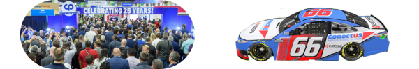 A photo of the opening of the expo hall in 2022, next to a photo of a NASCAR racecar with the ConectUS logo on the side.