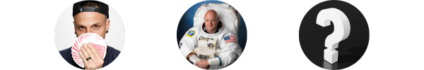 Three photos, left to right: Dustin Tavella, Captain Scott Kelly, and an image of a question mark.
