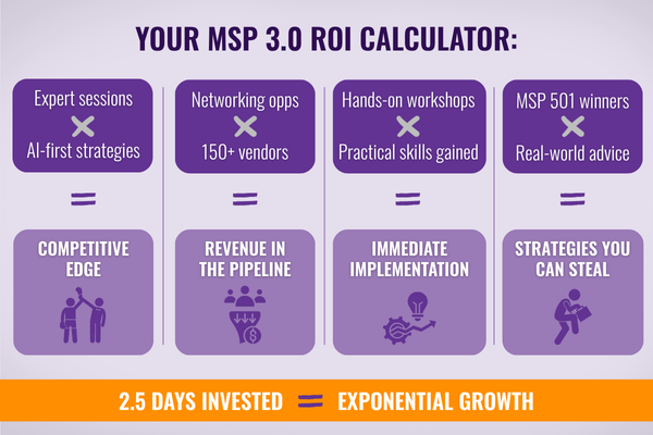 Your MSP 3.0 ROI Calculator: ✓ 20+ expert sessions × AI-first strategies = Competitive edge ✓ 10+ networking opportunities × 150+ vendors = Revenue in the pipeline ✓ Hands-on workshops × practical skills gained = Immediate implementation ✓ MSP 501 winners x Real-world advice = Strategies you can steal | 2.5 days invested = exponential growth