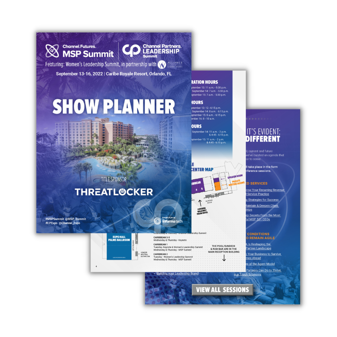 A photo of three pages of the digital show planner stacked on top of one another