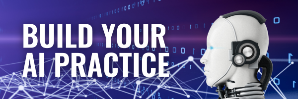 An email banner with white text that says "Build your AI practice" on top of a dark purple background. A photo of a robot's head is on the right side of the banner.