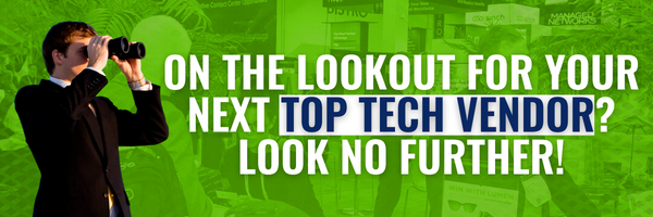 A banner image with a photo of a man in a suit looking through binoculars towards white text on the right side of the page. The text says, "On the lookout for your next top tech vendor? Look no further!"