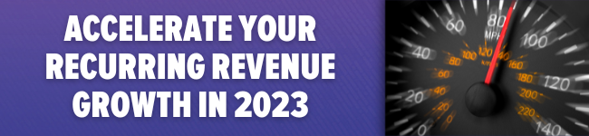 A graphic with a photo of a car's speedometer at 85 mph on the right, and white text with a purple background on the left which says "Accelerate your Recurring Revenue Growth in 2023"