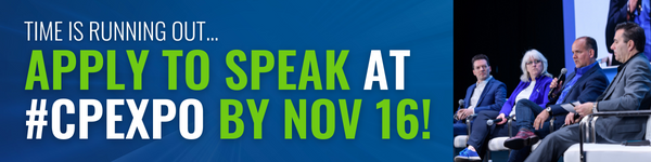 A blue banner with white and green text which says, "Time is running out... Apply to speak at #CPExpo by Nov. 16!"