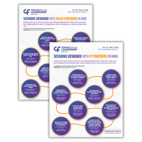 An image of two PDF documents stacked on top of one another. One is titled "Sessions designed for telco partners" and the other is titled "sessions designed for IT partners"