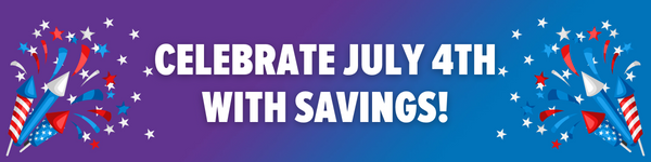 A banner image with a purple-to-blue gradient in the background, images of fireworks in the foreground, and white text which says, "Celebrate July 4th With Savings!"